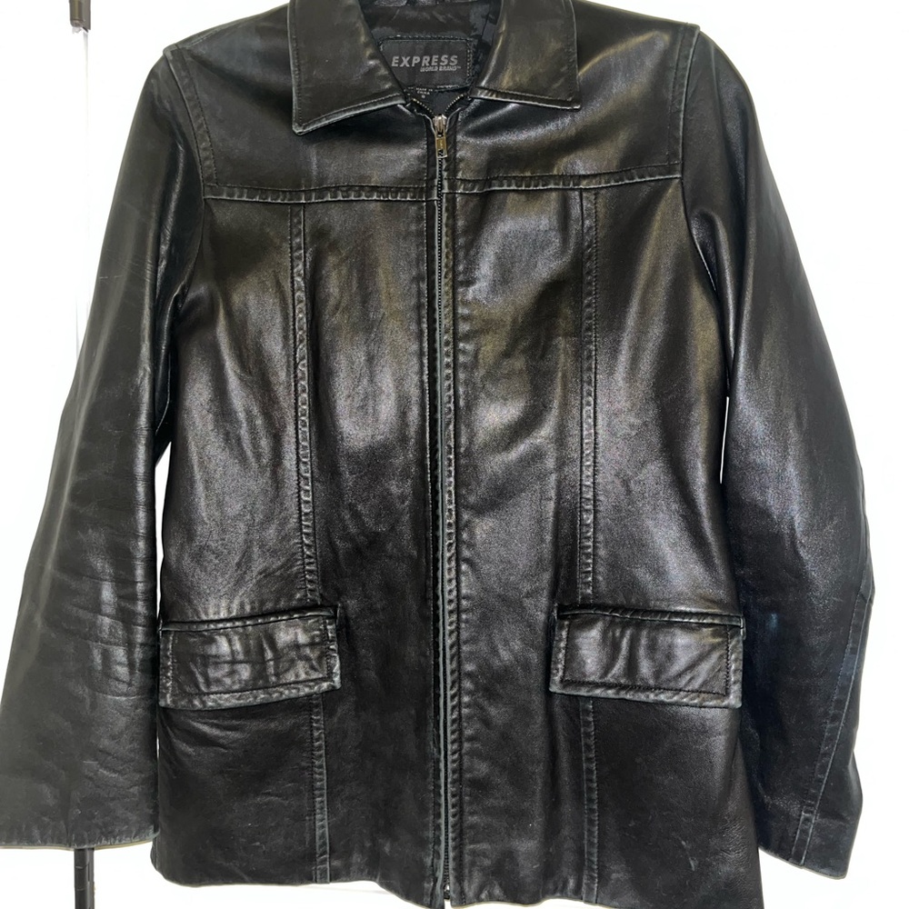 Vintage Express Black Leather Jacket Hip Length Zipper Closure